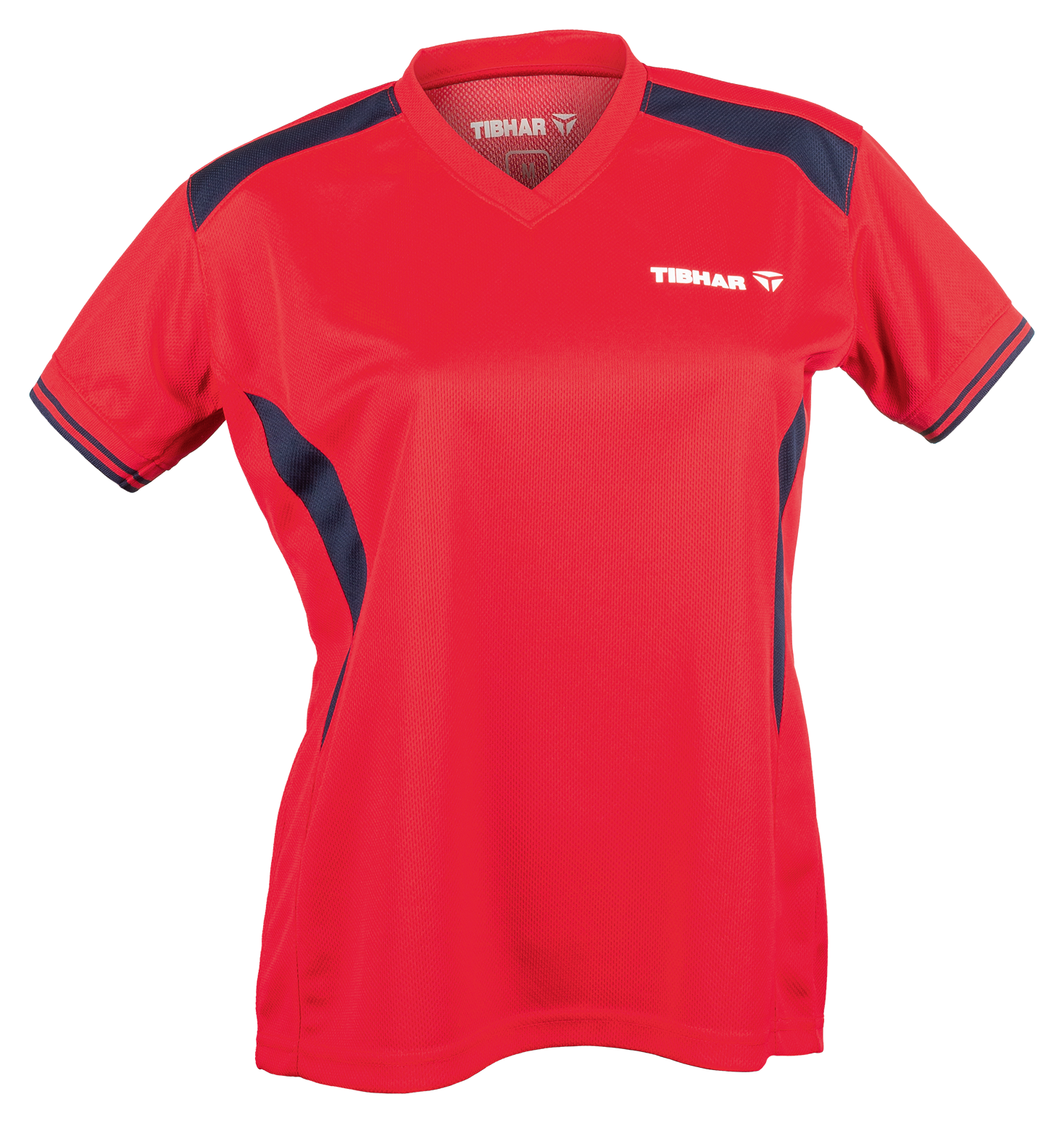 Tibhar Kosmos Lady Hemd in Rot/Marine – tailliertes Damen-Tischtennishemd, Vorderansicht.