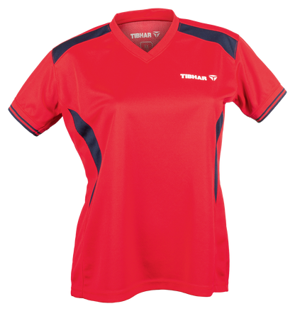 Tibhar Kosmos Lady Hemd in Rot/Marine – tailliertes Damen-Tischtennishemd, Vorderansicht.
