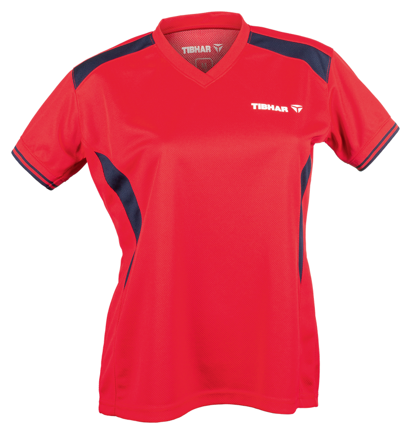 Tibhar Kosmos Lady Hemd in Rot/Marine – tailliertes Damen-Tischtennishemd, Vorderansicht.