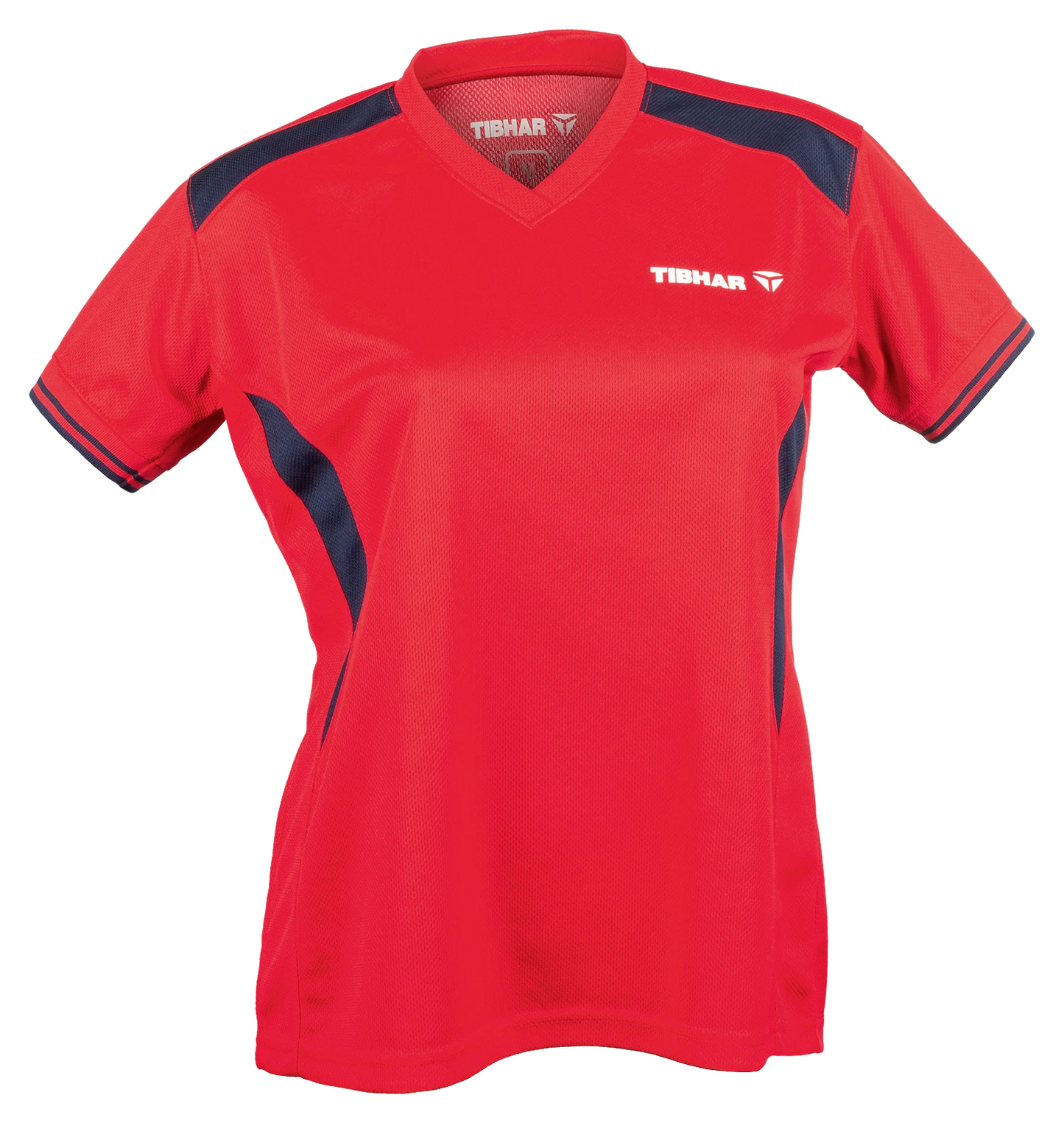 Tibhar Kosmos Lady Hemd in Rot/Marine – tailliertes Damen-Tischtennishemd, Vorderansicht.