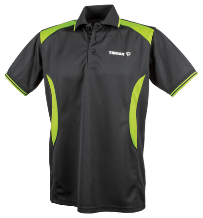 Tibhar Kosmos Hemd Polyester in Schwarz/Grün – atmungsaktives Tischtennishemd, Vorderansicht.