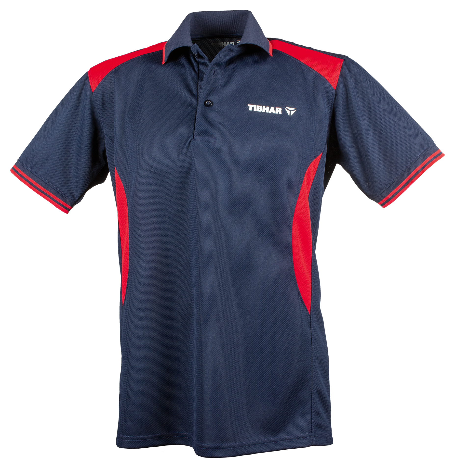 Tibhar Kosmos Hemd Polyester in Marine/Rot – atmungsaktives Tischtennishemd, Vorderansicht.