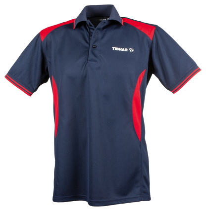 Tibhar Kosmos Hemd Polyester in Marine/Rot – atmungsaktives Tischtennishemd, Vorderansicht.