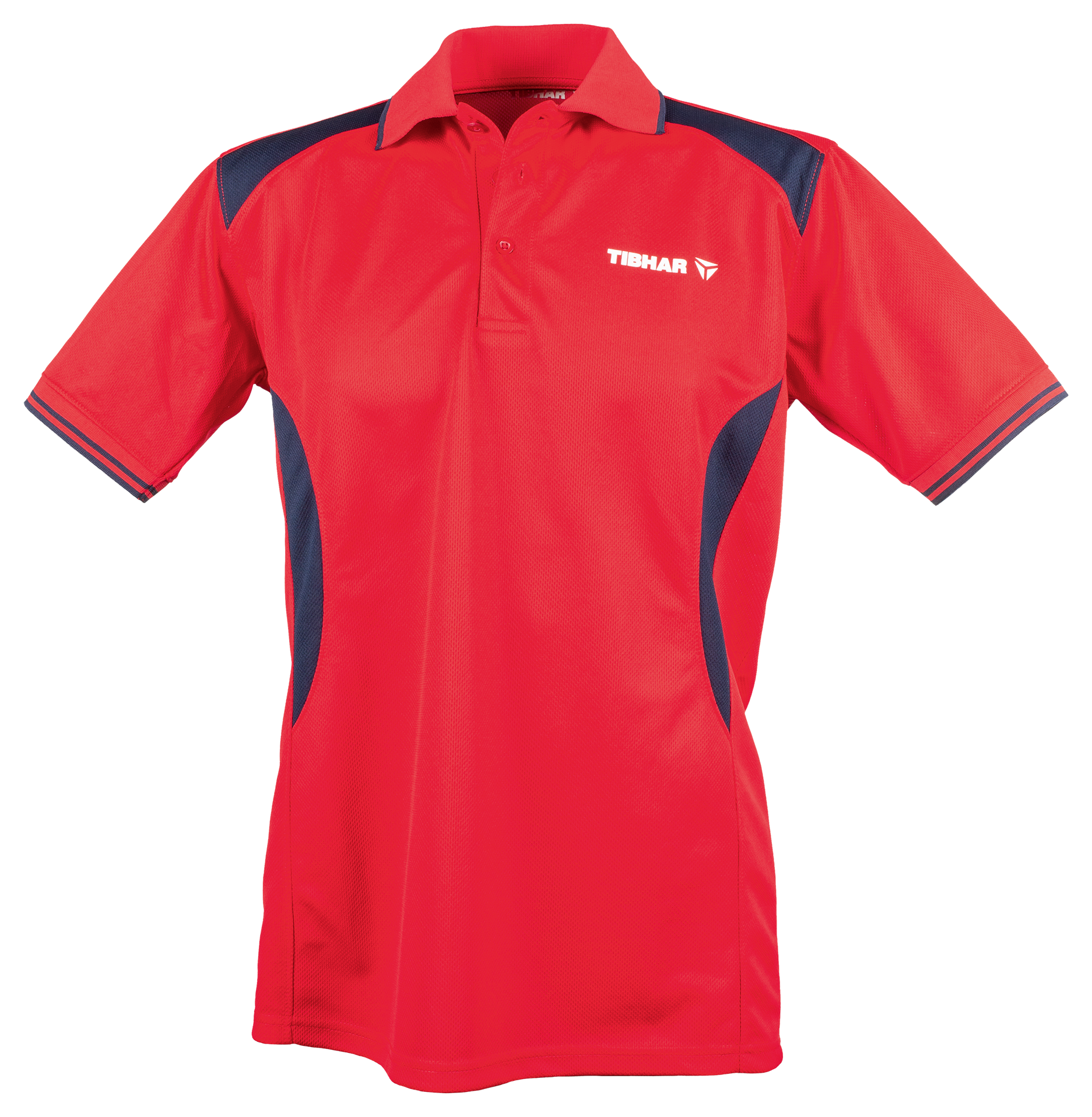 Tibhar Kosmos Hemd Polyester in Rot/Marine – atmungsaktives Tischtennishemd, Vorderansicht.