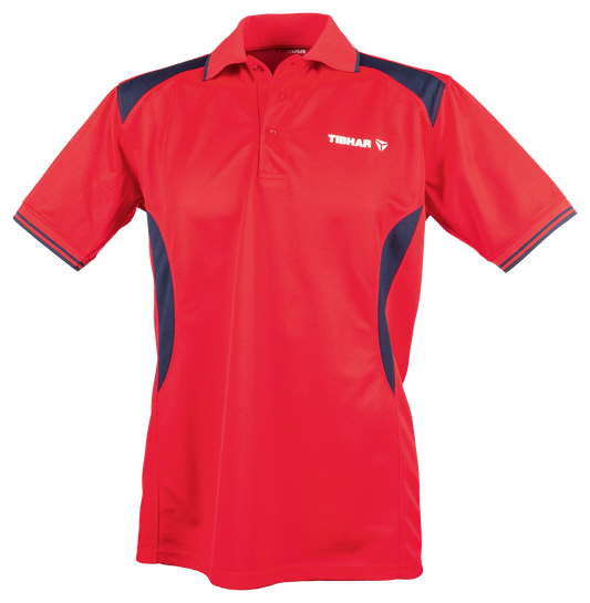 Tibhar Kosmos Hemd Polyester in Rot/Marine – atmungsaktives Tischtennishemd, Vorderansicht.
