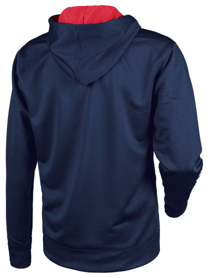 Tibhar Mundo Hoodie in Marine/Rot – Rückansicht.