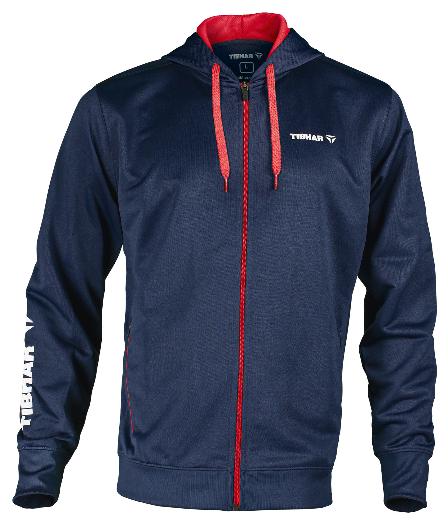 Tibhar Mundo Hoodie in Marine/Rot – bequemer Kapuzenpullover, Vorderansicht.