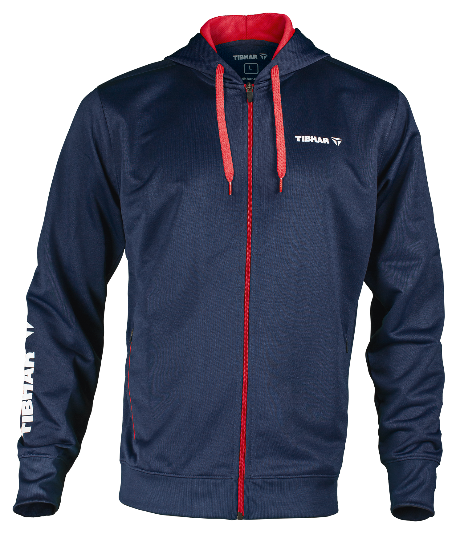 Tibhar Mundo Hoodie in Marine/Rot – bequemer Kapuzenpullover, Vorderansicht.