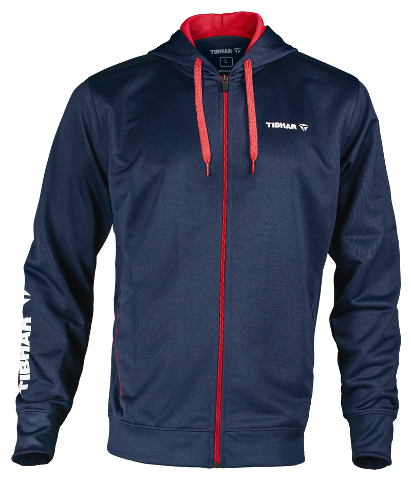 Tibhar Mundo Hoodie in Marine/Rot – bequemer Kapuzenpullover, Vorderansicht.