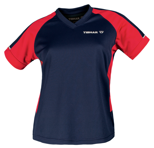 Tibhar Mundo Lady Hemd in Marine/Rot – tailliertes Damen-Tischtennishemd, Vorderansicht.