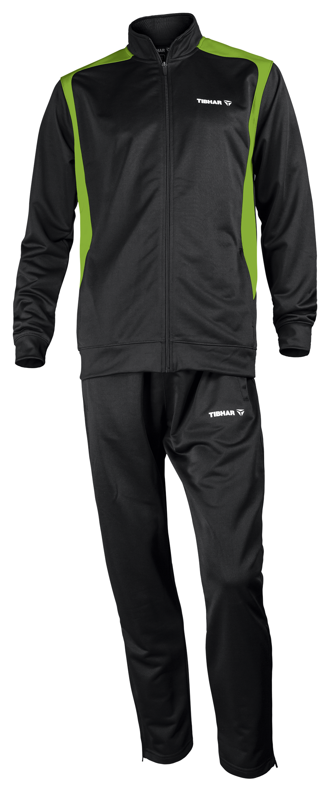 Tibhar Tracksuit Mundo in Schwarz/Grün – Set aus Jacke und Hose, Vorderansicht.