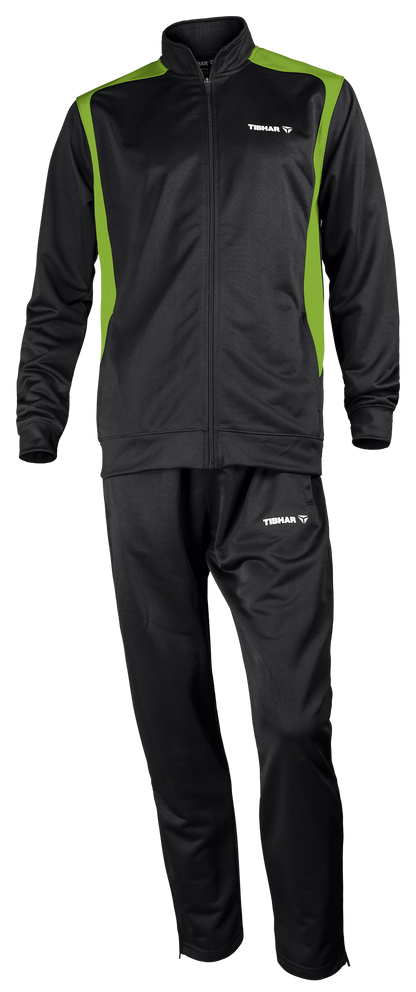 Tibhar Tracksuit Mundo in Schwarz/Grün – Set aus Jacke und Hose, Vorderansicht.