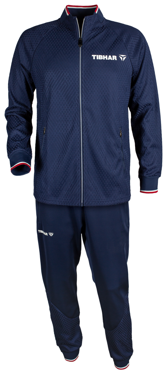 Tibhar Osmium France Trainingsanzug in Marine – Set aus Jacke und Hose aus weichem Funktionsmaterial, Vorderansicht.