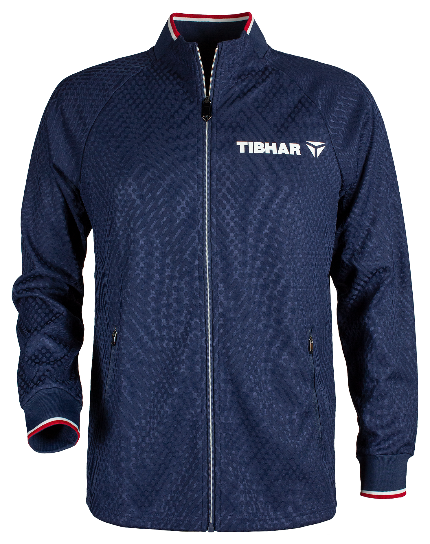 Tibhar Osmium France Trainingsjacke in Marine mit Stehkragen und Reißverschluss, Vorderansicht.