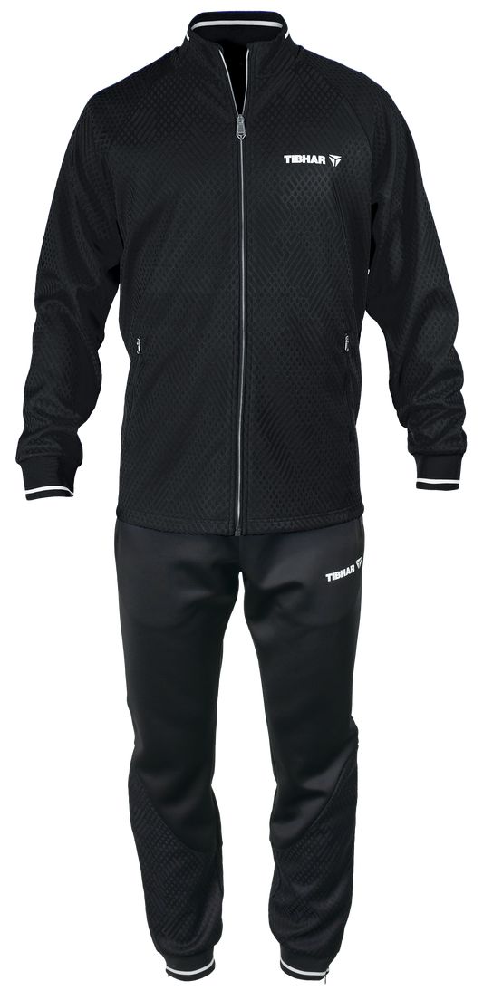Tibhar Tracksuit Osmium in Schwarz – Set aus Jacke und Hose, Vorderansicht.