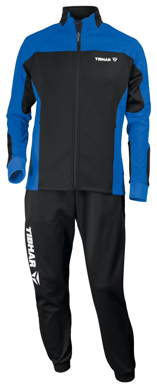 Tibhar Tracksuit Trend in Schwarz/Blau – Set aus Jacke und Hose, Vorderansicht.