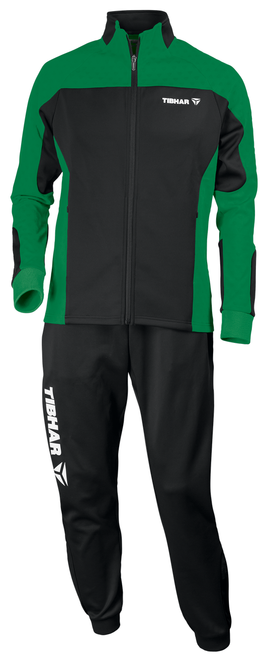 Tibhar Tracksuit Trend in Schwarz/Grün – Set aus Jacke und Hose, Vorderansicht.