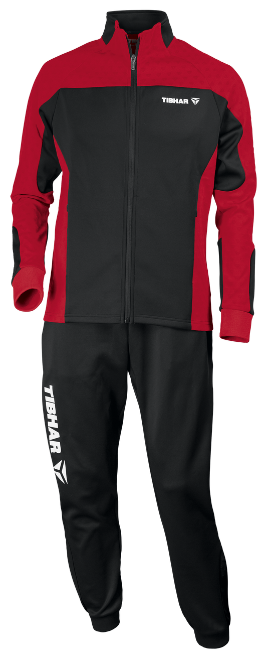 Tibhar Tracksuit Trend in Schwarz/Rot – Set aus Jacke und Hose, Vorderansicht.