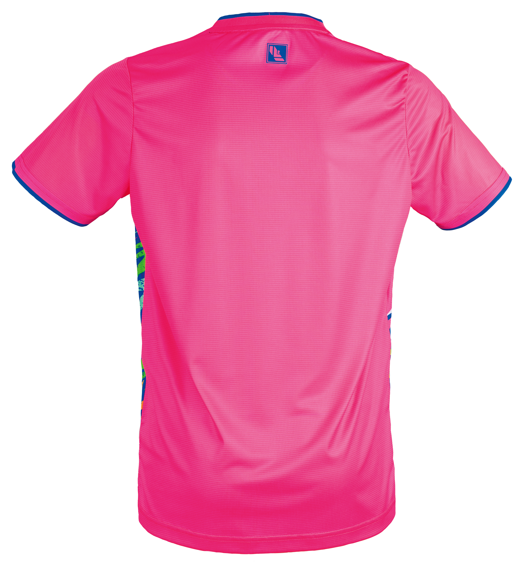 Tibhar L2 Underbrush Tischtennis-Shirt in Pink/Royalblau, Detailansicht.