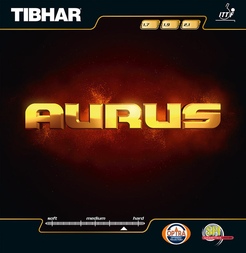 Tibhar Aurus Tischtennisbelag – griffiger Offensiv-Belag in Rot und Schwarz.