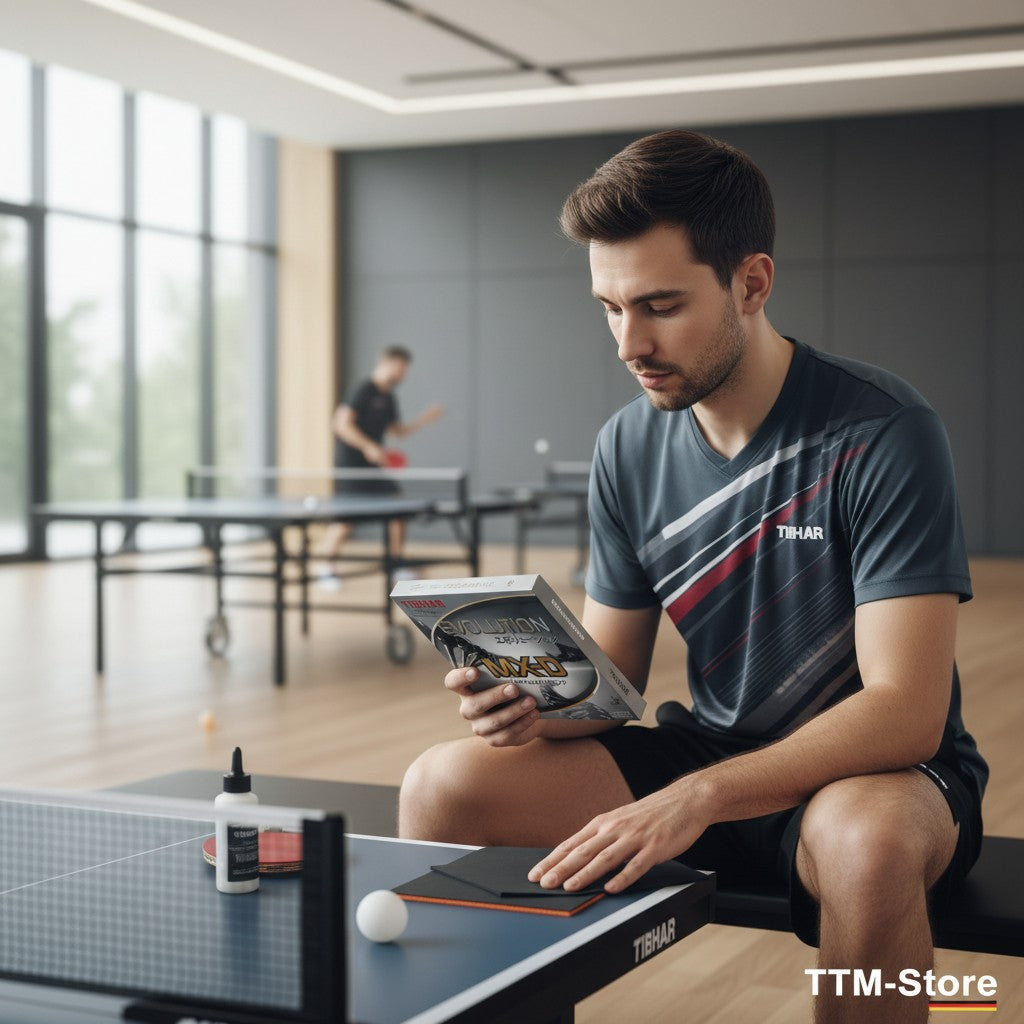 Tibhar Evolution MX-D Tischtennisbelag mit schwarzer Oberfläche und orangefarbenem Rand, für aggressive Topspin-Spieler.