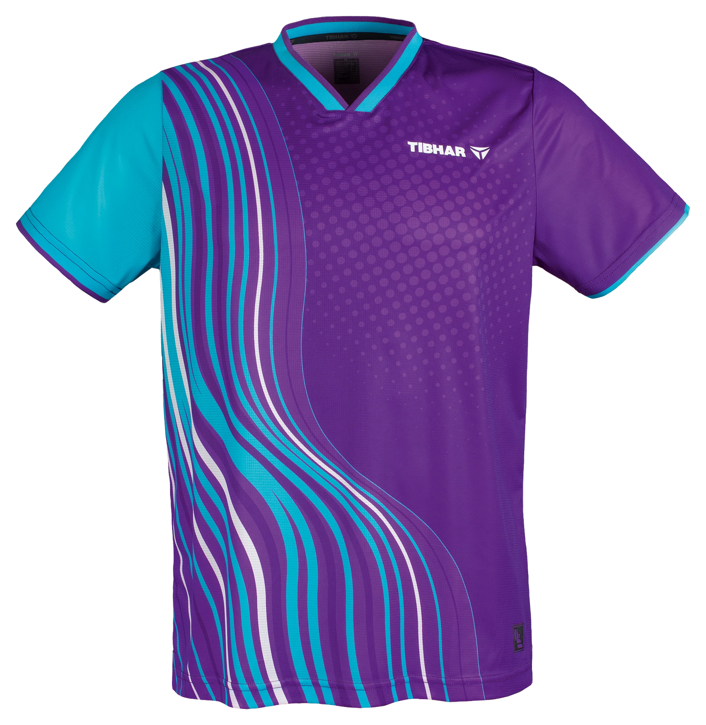 Tibhar L2 River purple and turquoise polyester table tennis shirt with V-neck and dynamic wave pattern.