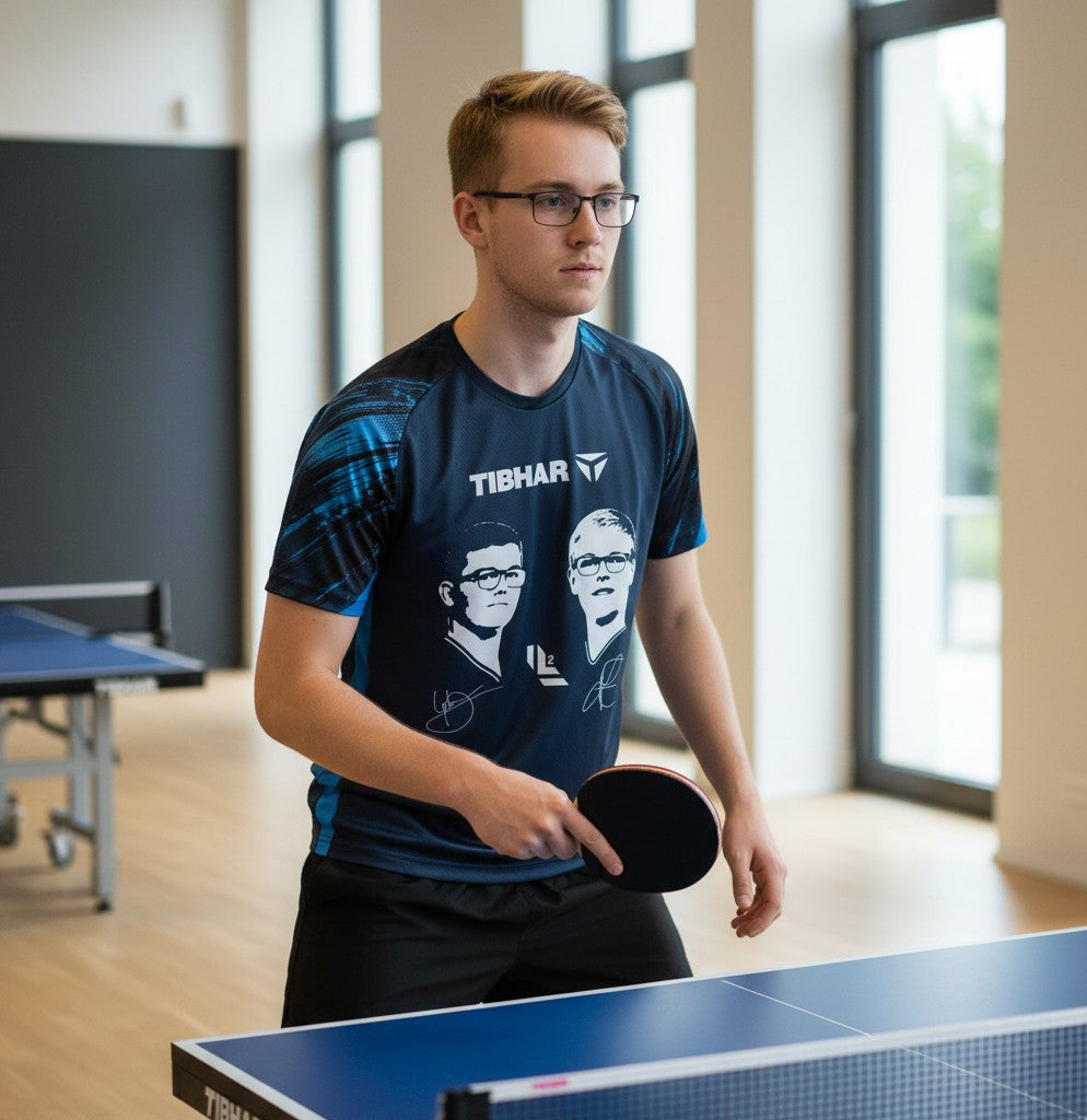 Dunkelblaues Tibhar Lebrun T-Shirt aus Polyester mit weißem Print der Lebrun-Brüder und Unterschriften.
