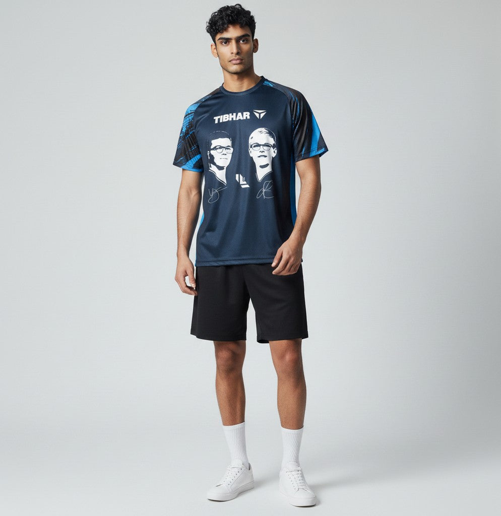 Tibhar Lebrun T-Shirt in Marineblau mit weißem Print der Lebrun-Brüder und Unterschriften, Polyester