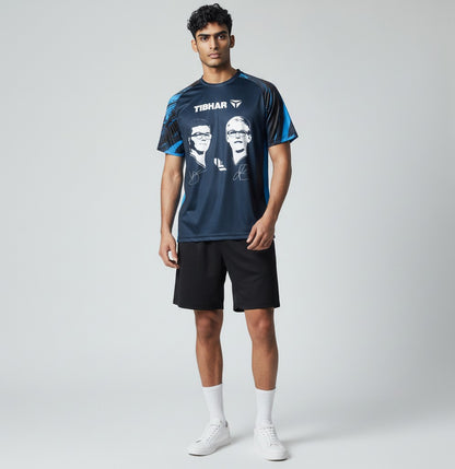 Tibhar Lebrun T-Shirt in Marineblau mit weißem Print der Lebrun-Brüder und Unterschriften, Polyester