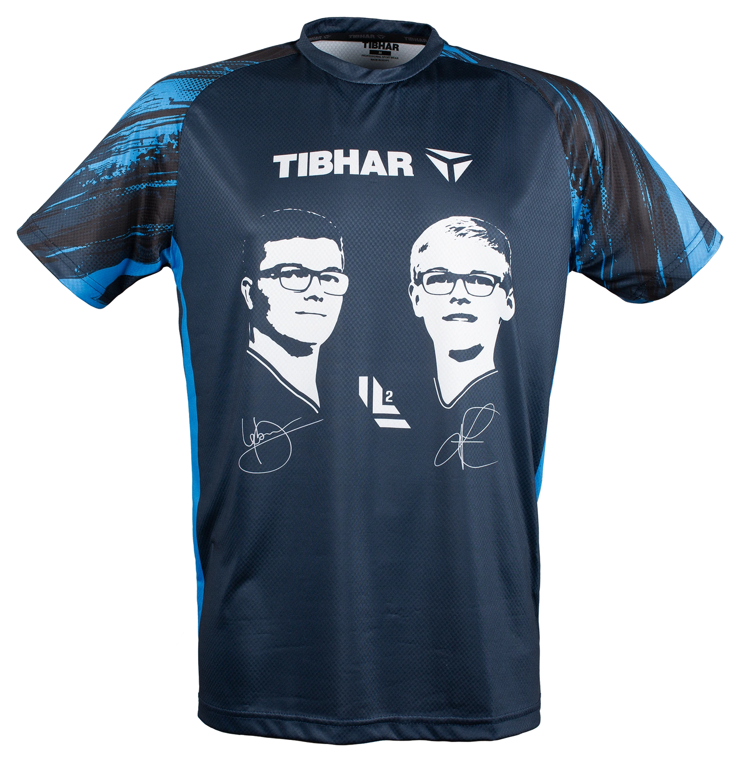 Tibhar Lebrun T-Shirt in Marineblau mit weißem Aufdruck der Lebrun-Brüder und Tibhar-Logo. Aus Polyester.