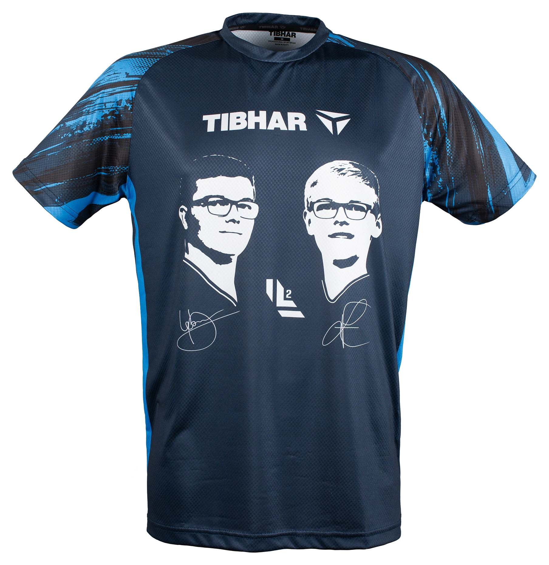 Tibhar Lebrun T-Shirt in Marineblau mit weißem Aufdruck der Lebrun-Brüder und Tibhar-Logo. Aus Polyester.