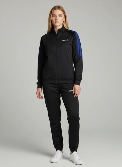 TTM-Store black polyester and elastane tracksuit with blue accents on the sleeves. Full zip jacket and pants.