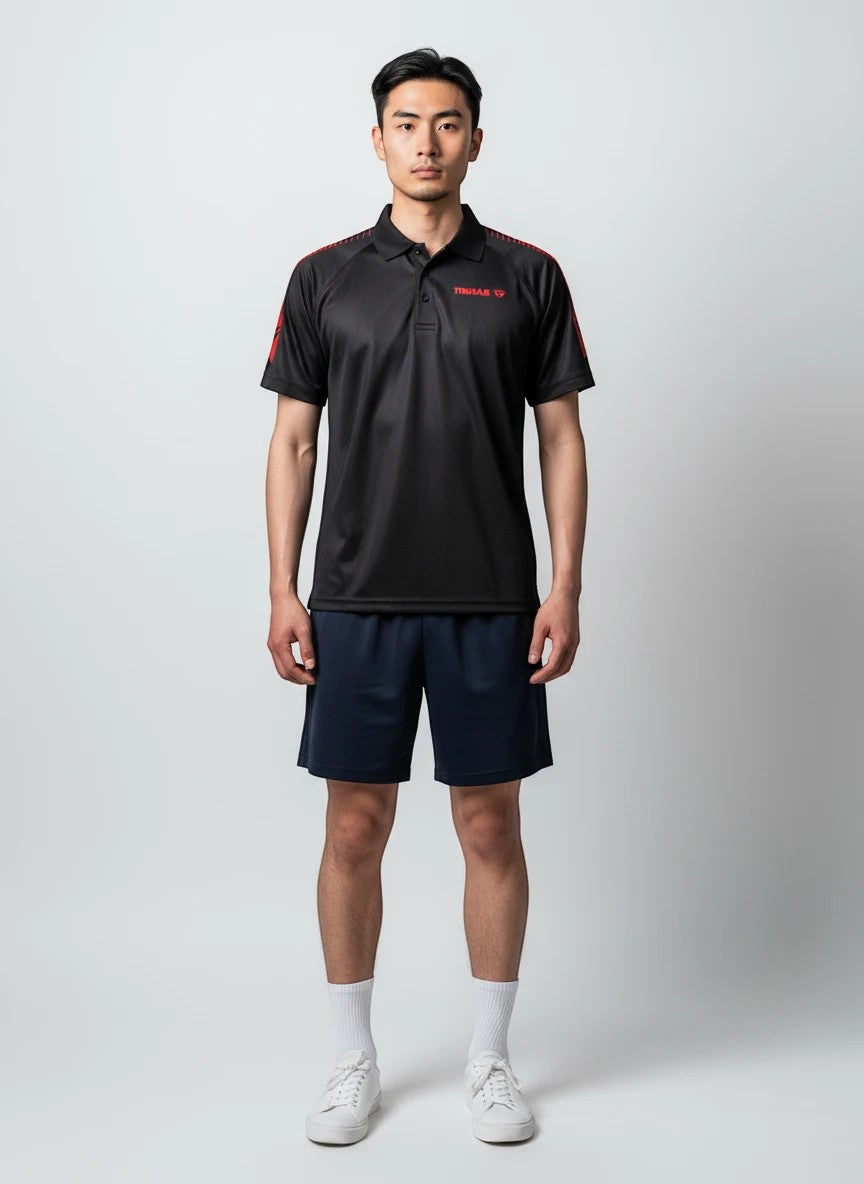 TTM-Store black polyester table tennis polo shirt with red accents on sleeves and collar, featuring a button placket.