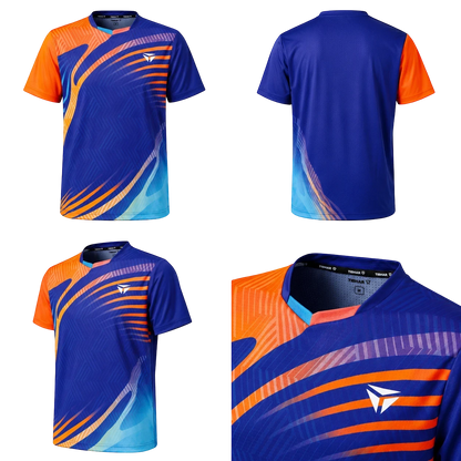 TTM-Store blue and orange short-sleeve table tennis shirt with V-neck and dynamic graphic print.