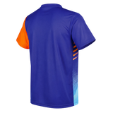 TTM-Store blue polyester-elastane table tennis shirt with orange sleeves and graphic side panels