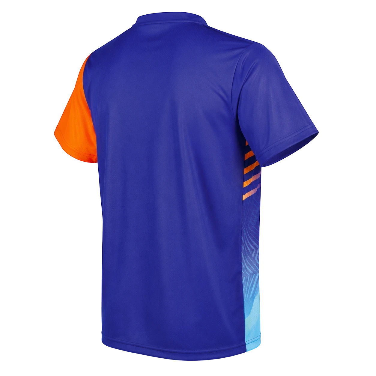 TTM-Store blue polyester-elastane table tennis shirt with orange sleeves and graphic side panels