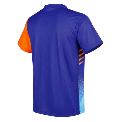 TTM-Store blue polyester-elastane table tennis shirt with orange sleeves and graphic side panels