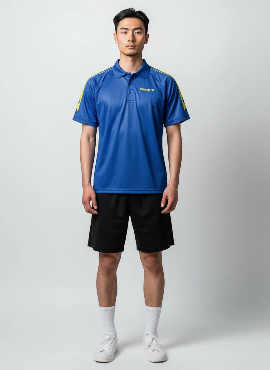 TTM-Store blue polyester table tennis polo shirt with yellow accents on shoulders and sleeves, featuring a buttoned collar.