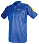 TTM-Store blue polyester table tennis polo shirt with yellow accents on sleeves and collar, featuring a breathable mesh fabric.