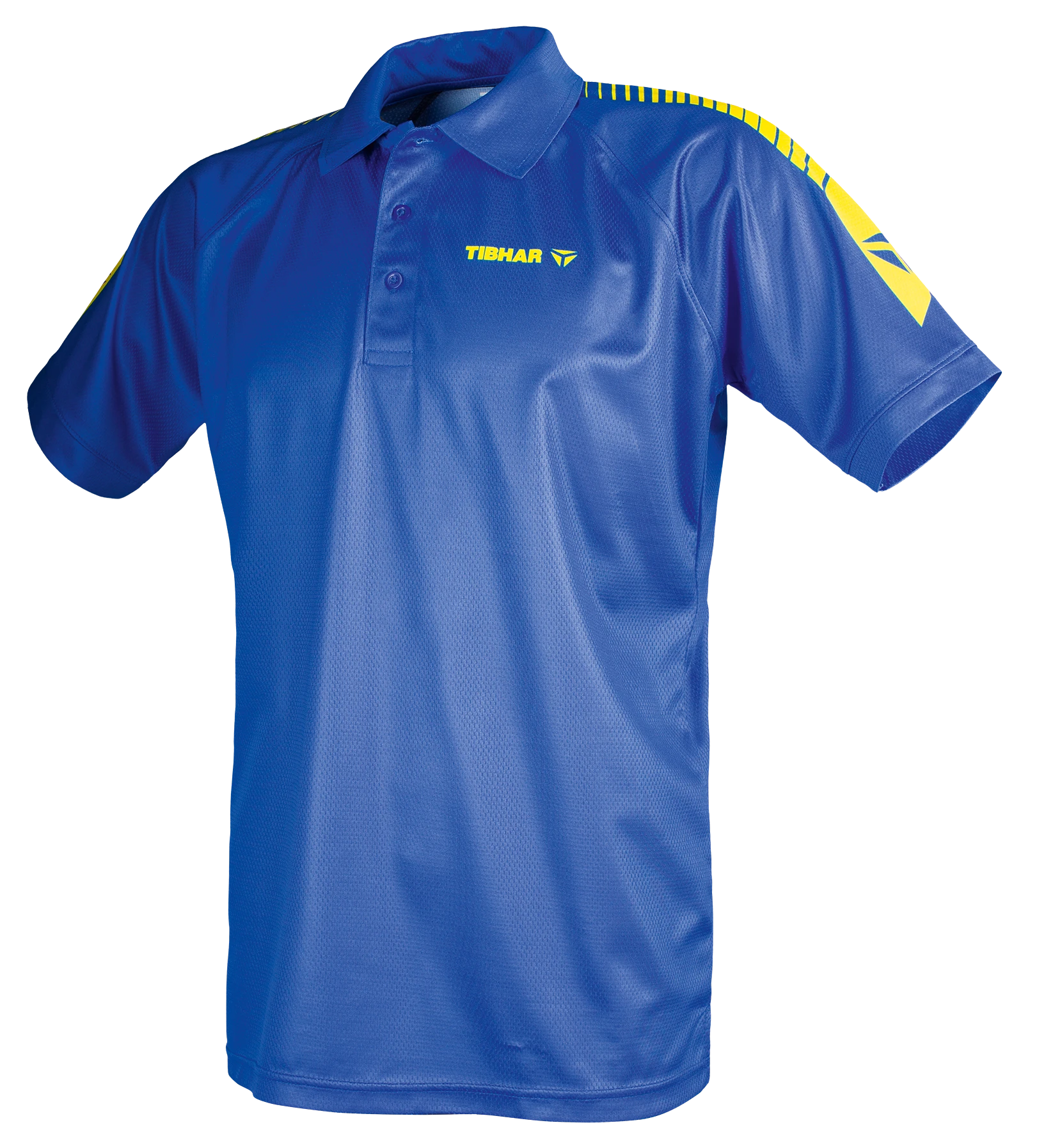 TTM-Store blue polyester table tennis polo shirt with yellow accents on sleeves and collar, featuring a breathable mesh fabric.