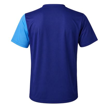 TTM-Store blue and light blue polyester-elastane tischtennis shirt with short sleeves and V-neck