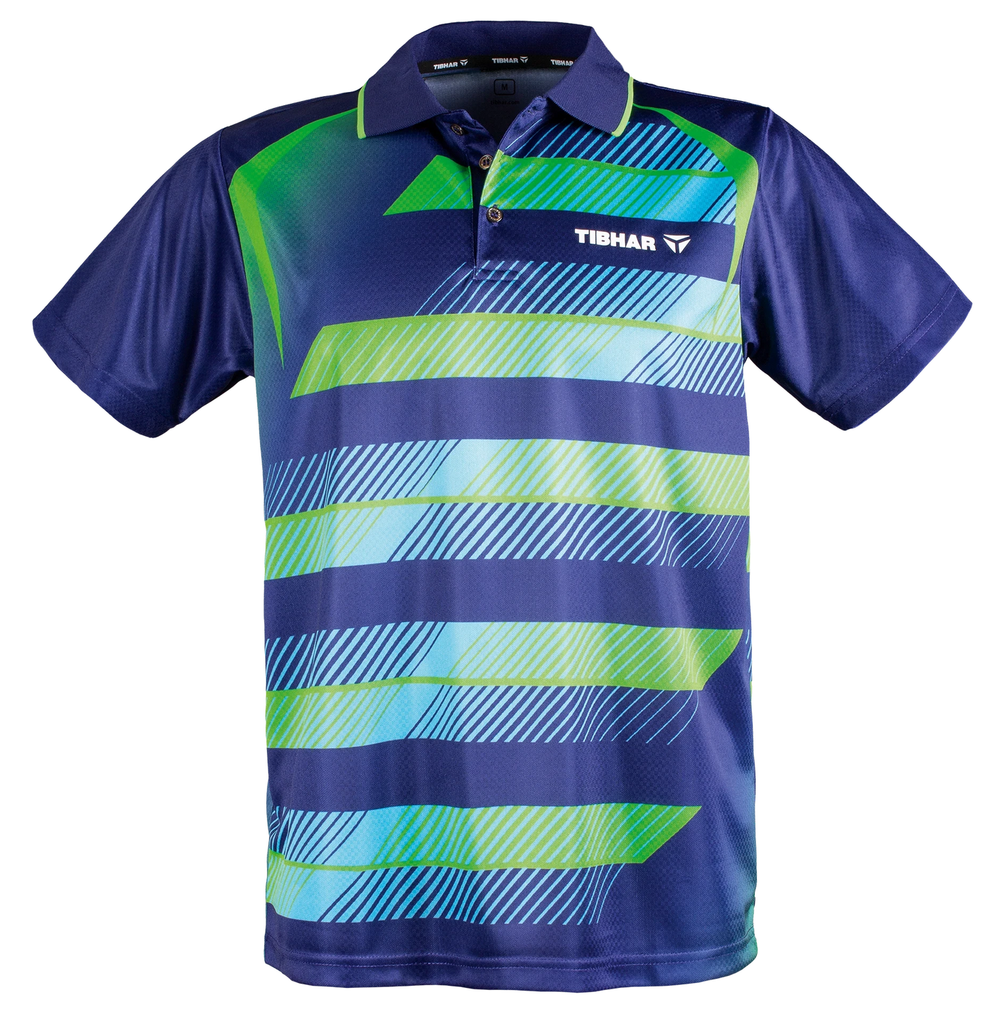 TTM-Store navy blue, green, and light blue striped polyester table tennis polo shirt with Tibhar logo.