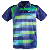 TTM-Store navy blue, green, and light blue striped polyester table tennis polo shirt with Tibhar logo.