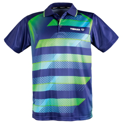 TTM-Store navy blue, green, and light blue striped polyester table tennis polo shirt with Tibhar logo.