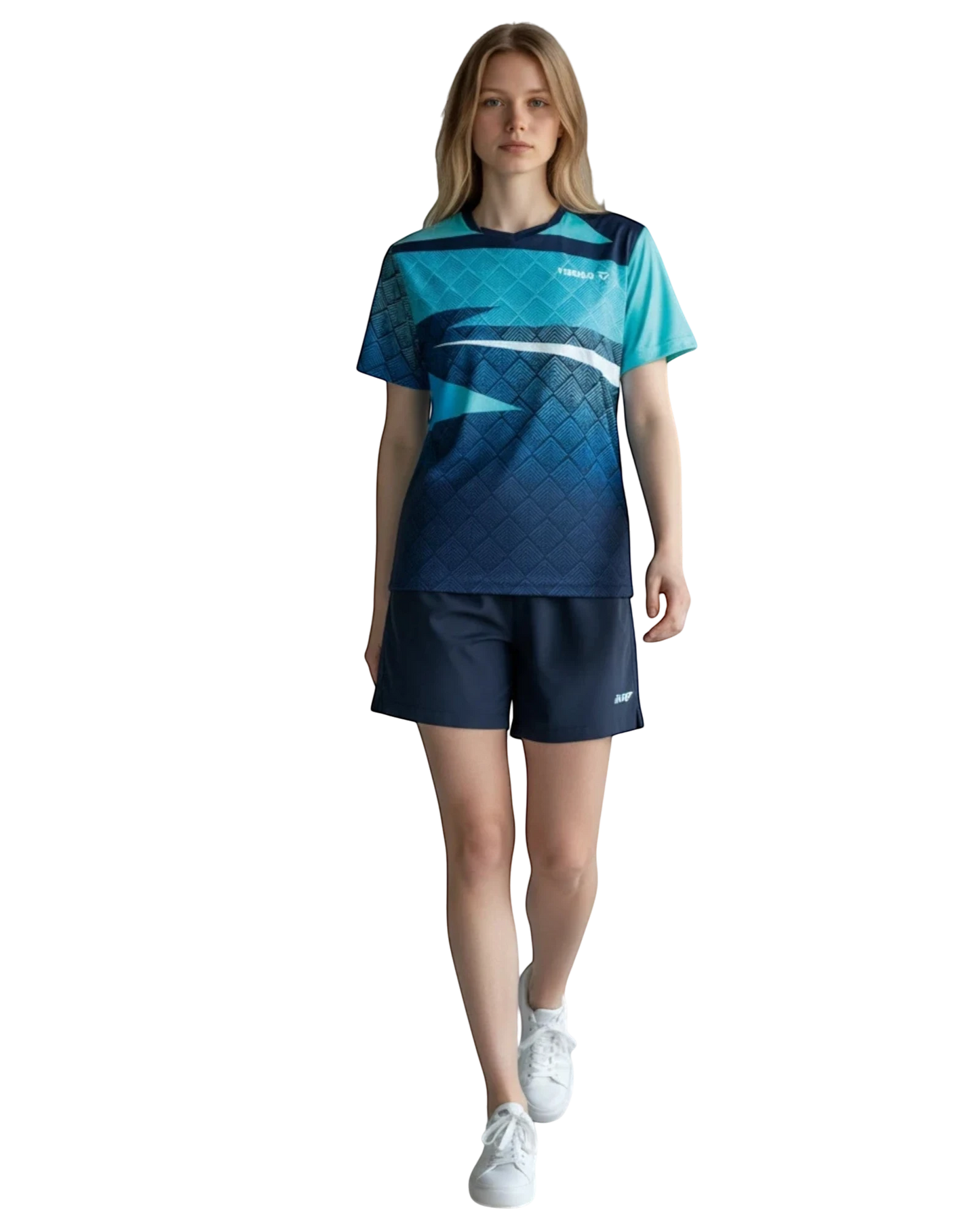 TTM-Store navy and blue ombre short-sleeve table tennis polo shirt with V-neck and white accents.