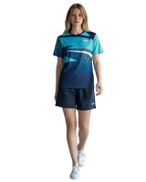 TTM-Store navy and blue ombre short-sleeve table tennis polo shirt with V-neck and white accents.