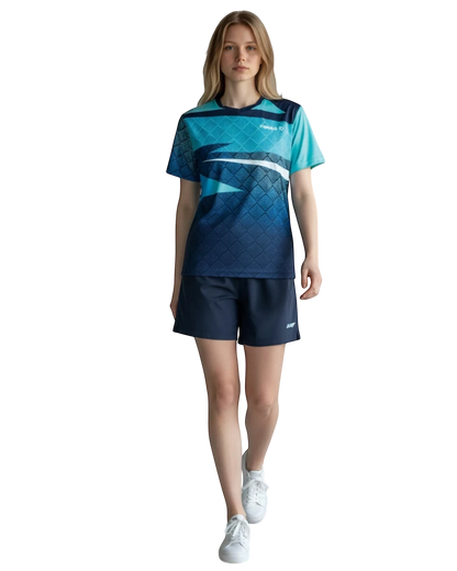 TTM-Store navy and blue ombre short-sleeve table tennis polo shirt with V-neck and white accents.