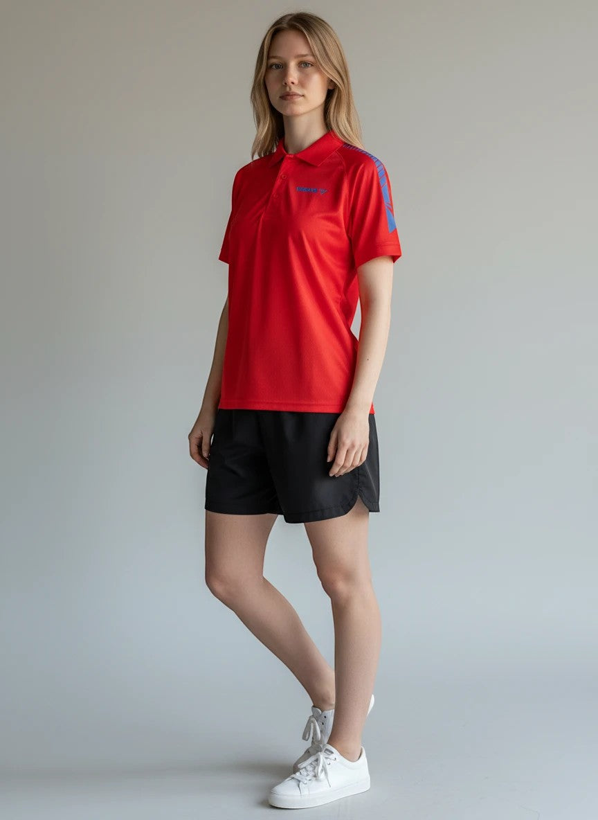 TTM-Store red polyester table tennis polo shirt with blue accents on sleeves and collar, suitable for training and competition.