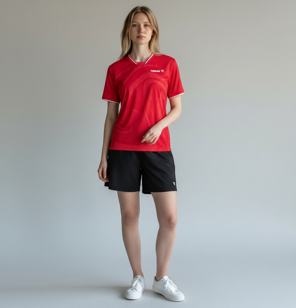 TTM-Store rotes Funktionsshirt mit V-Ausschnitt und weißem Rand, für Damen, aus Polyester