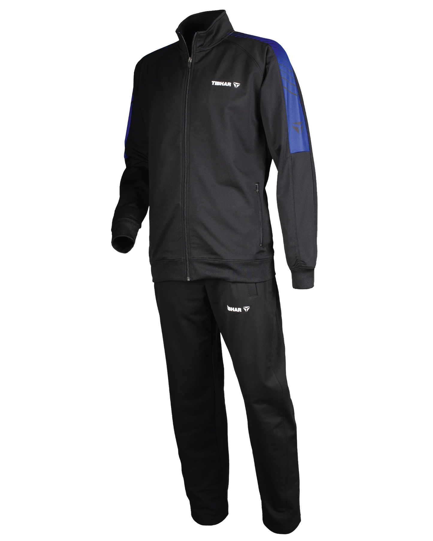 TTM-Store Tibhar black polyester and elastane training tracksuit with blue accents on sleeves and white logo.